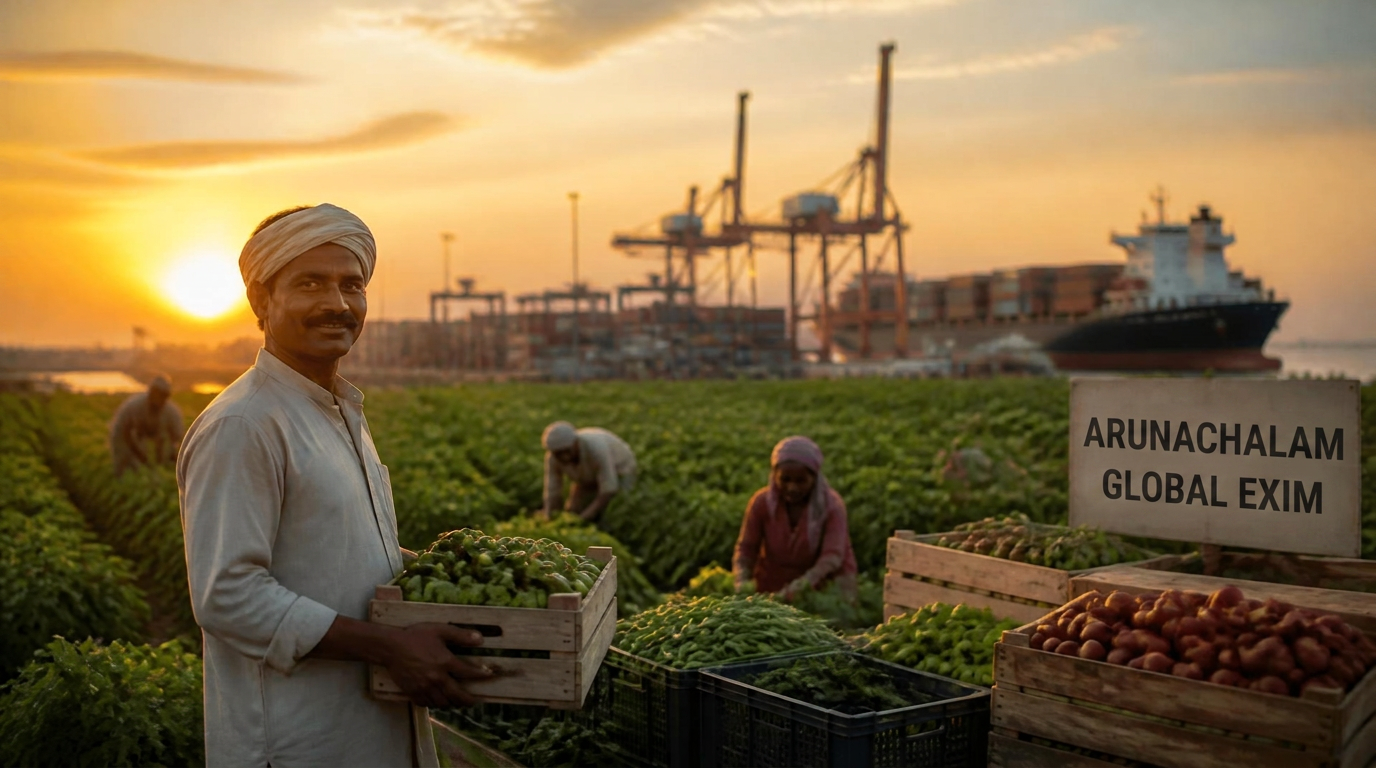 Indian agricultural farmland at sunrise with export shipping containers in the distance